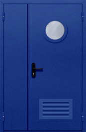 Фото двери «Полуторная с круглым стеклом и решеткой (синяя)» в Звенигороду
